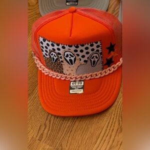 Spooky Leopard Ghosts Halloween Trucker Hat | Bright Orange Otto Foam Cap